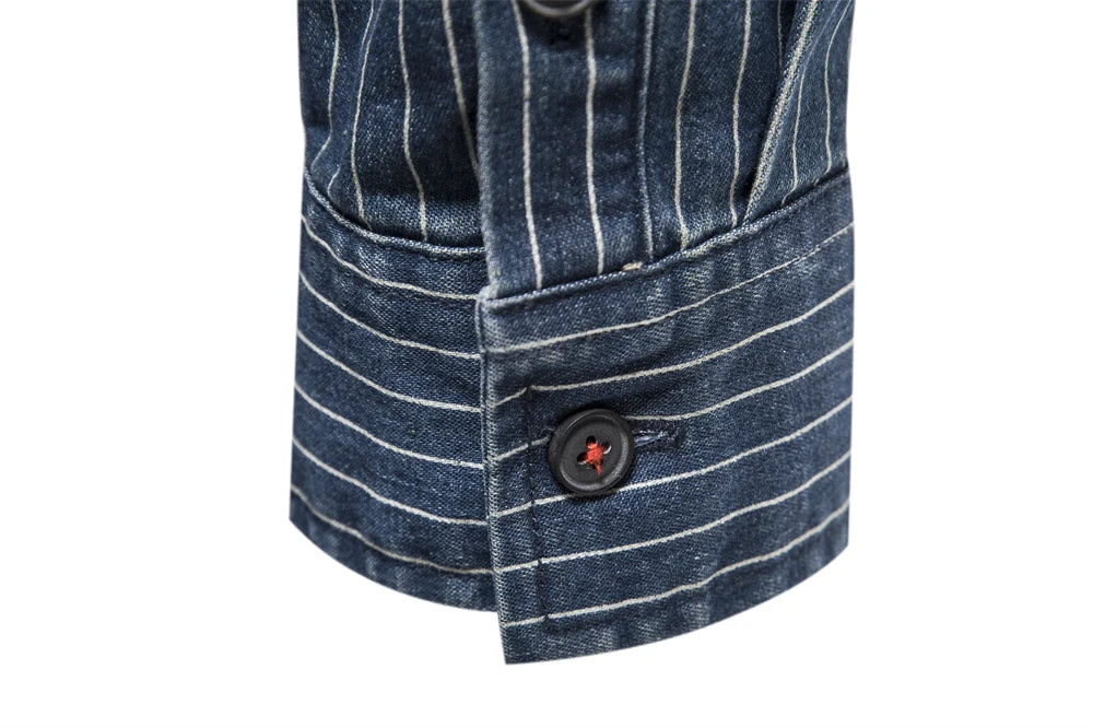 Men's Cotton Denim Shirts Striped Stretch Long Sleeve High Quality Jeans Shirts Casual Slim Cowboy Shirts For Men