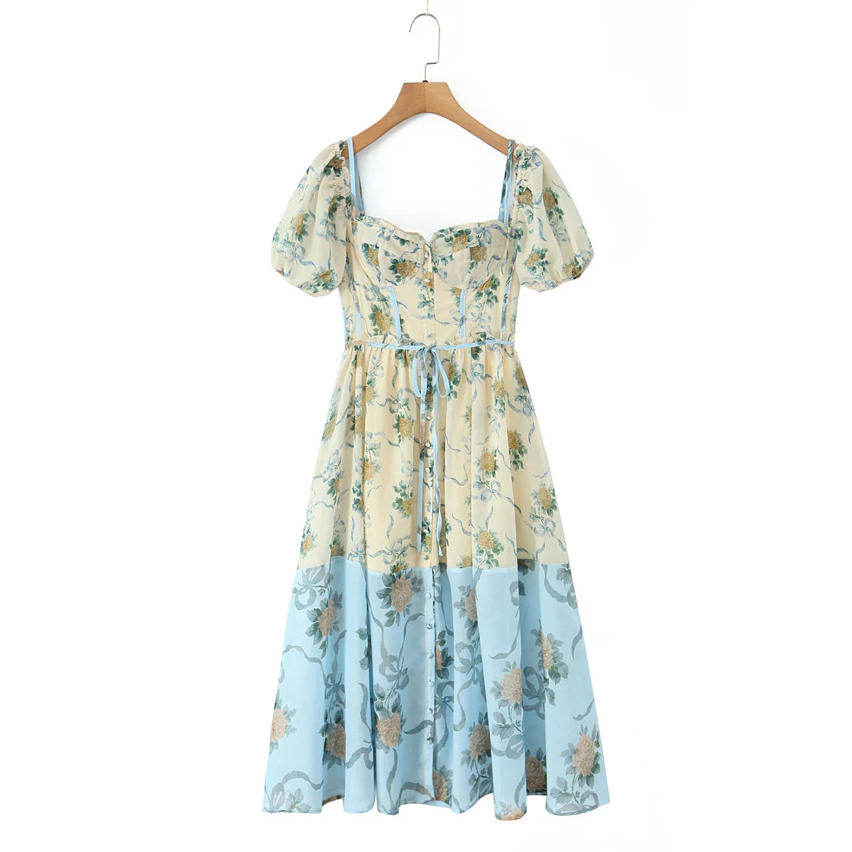 Patchwork Floral Print Boho Summer Dresses Women Vintage Puff Sleeve A-line Midi Chiffon Dress Chic Lady Vacation Robe