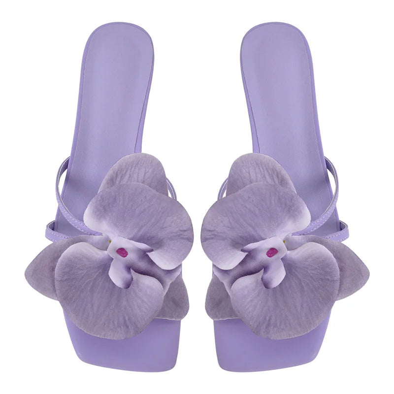 Women Square Toe Flower Mulesl Orchid Heels Slip On Thong 5CM Thin Heel Woman Sandals