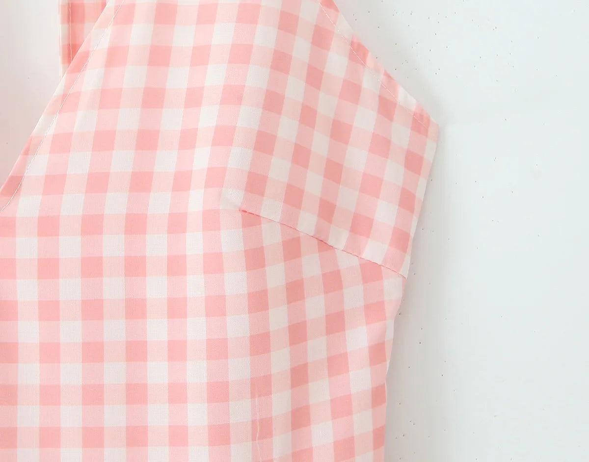 Summer Women Sexy Backless Pink Plaid Halter Dress Low Waist Elegant Party Dresses Holiday Robe