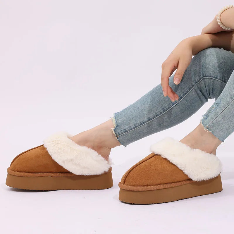 Women's Fashion Fur Winter Slippers With Thick Sole Fluffy Fuzzy Slippers and Anti-Slip Platform Slides Plush Shoes