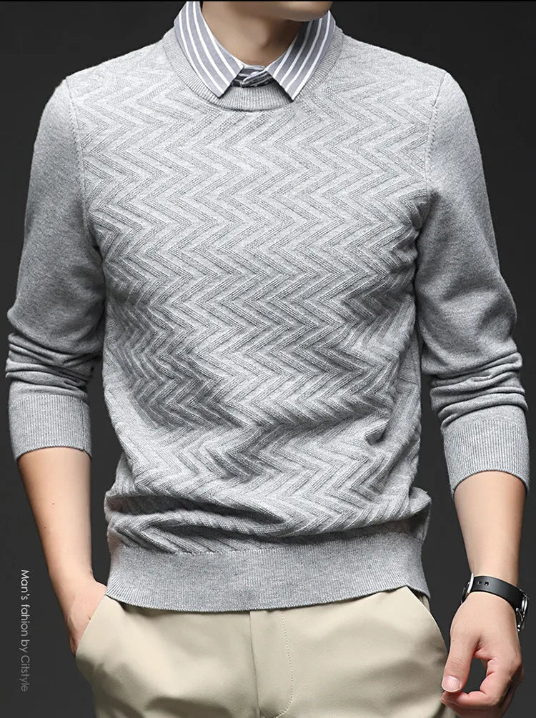 Men's Knitted Sweater With Shirt Collar - Vintage Style Fake Layered Business Casual, Pullover Old Money Style Top