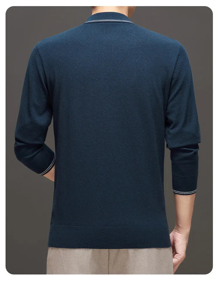 Men's Solid Colour Business Casual Polo Shirt, Suitable For Daily Commute, Pullover Sweater, Warm Knitted Long-Sleeved Cardigan