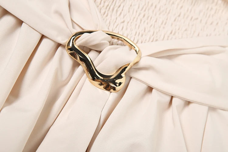 Elegant Ruched 2 Piece Set Women Skew Collar Backless Crop Tops + Metal Buckle Decoration Skirts Matching Solid Outfits