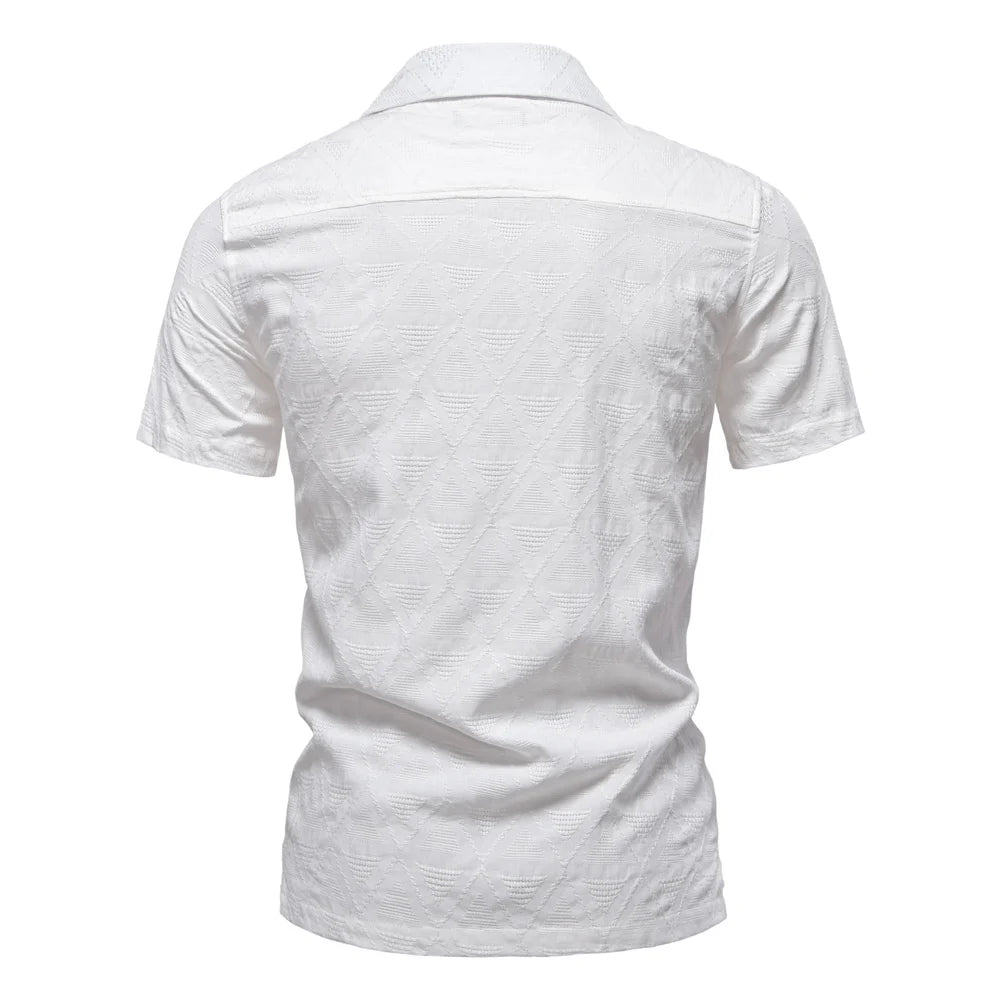 100% Cotton Jacquard Men's Short Sleeve Shirts - Solid Colour Turn-down Collar Casual Summer Shirts for Men