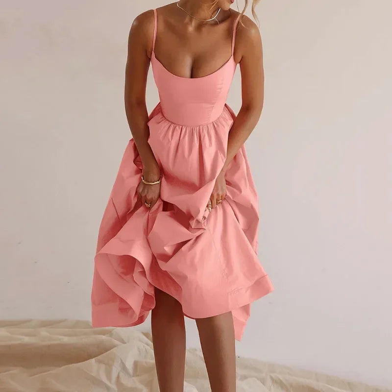 U-neck Summer Women's Dress Vintage Elegant Sleeveless Camisole Slim Pleated Sundress Loose Host A Performance Party Long Dress