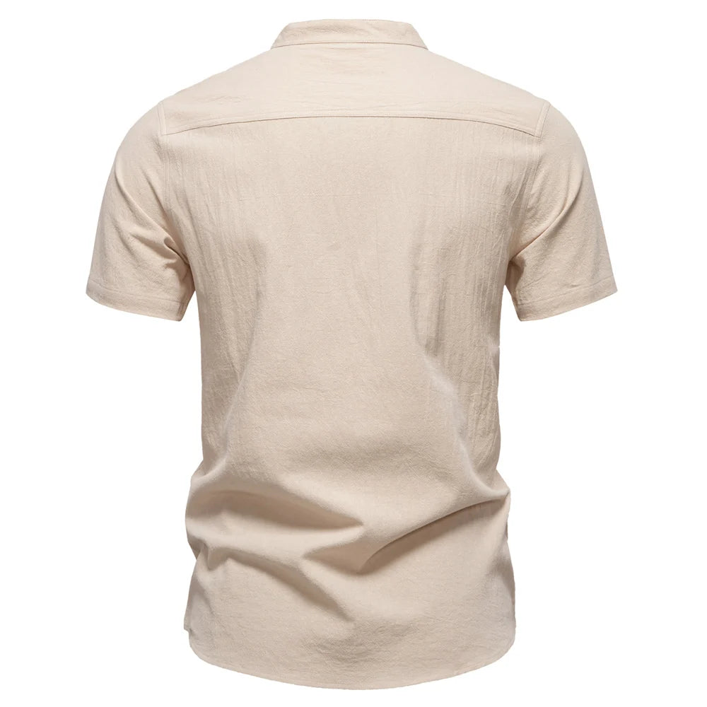 Men's Short Sleeve Solid Colour Linen Shirt Turn Down Collar Casual Summer Breathable Comfort Shirts for Men‌
