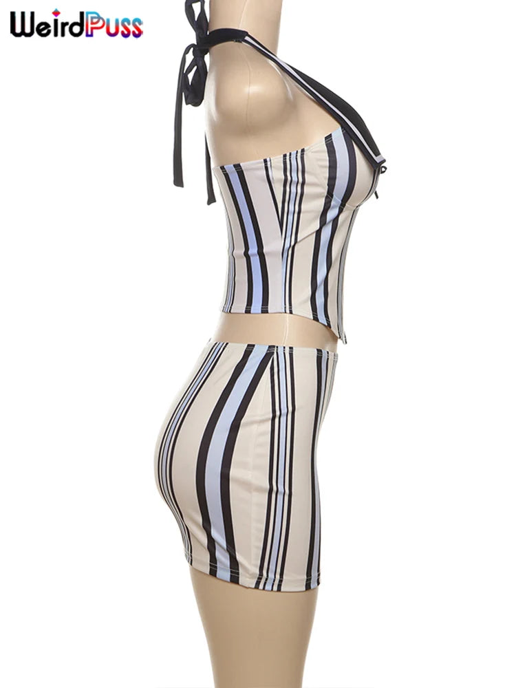 Stripe Print Women 2 Piece Set Summer Backless Low-Neck Halter Tank Tops + Skirts Fashion Vacation Streetwear Outfits
