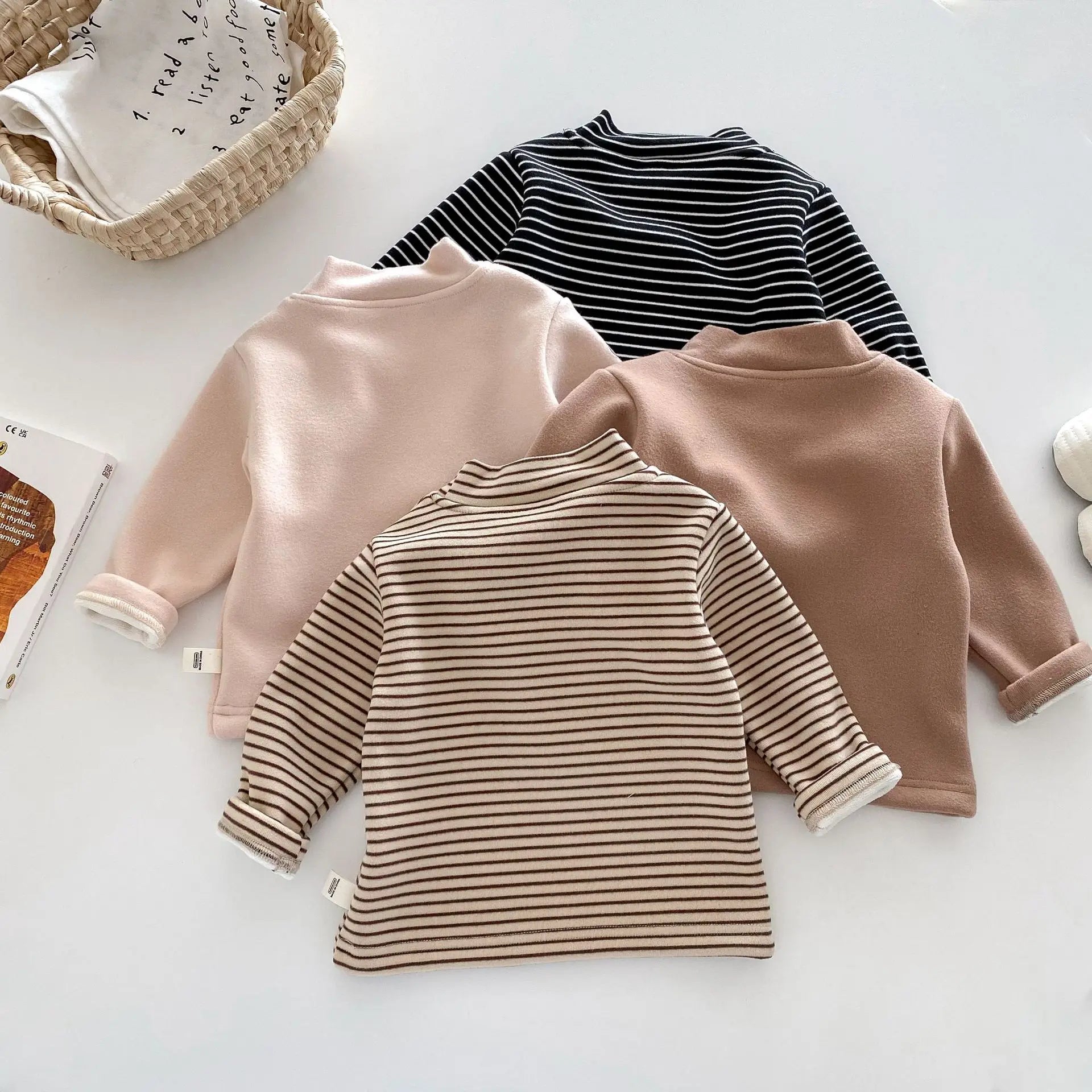 Herfst Kinder Basis Shirt Jongens Halve Turtleneck Warme Onderkant Tops Meisjes Bontvoering Geborduurde Gestreepte Blouse 0-5 Jaar Unisex