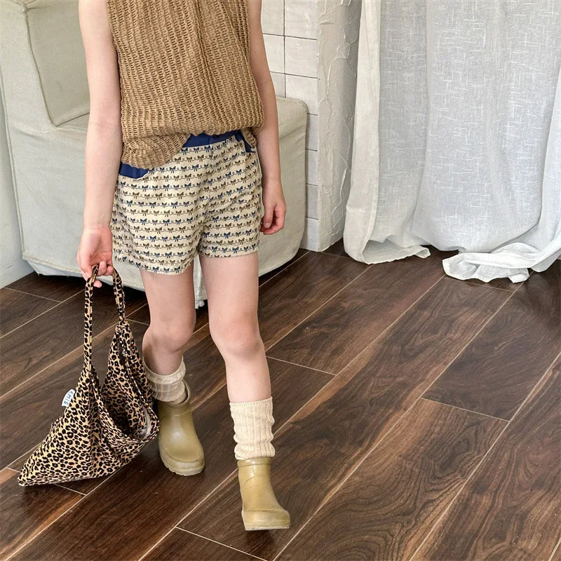 2025 Zomer Nieuwe Baby Meisjes Strik Print Shorts Katoenen Kinderen Losse Shorts Kinderen Veelzijdige Casual Broek Ademende Peuterkleding 4-6Y