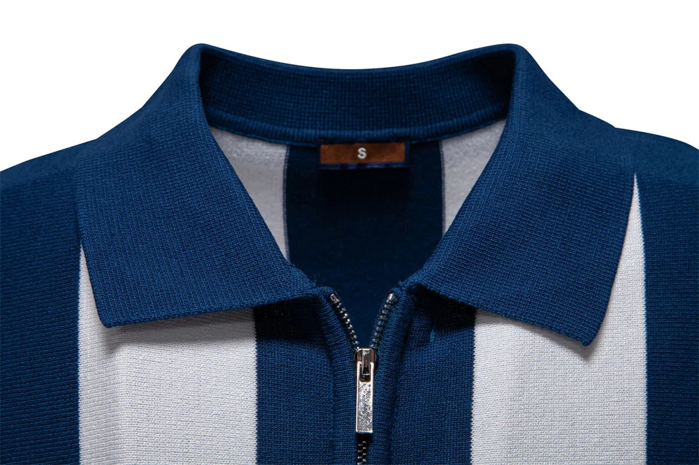 Men's Summer Breathable And Striped Contrast Panel Polo Shirt - Casual Short-Sleeve Knit Shirt With Comfort Fit