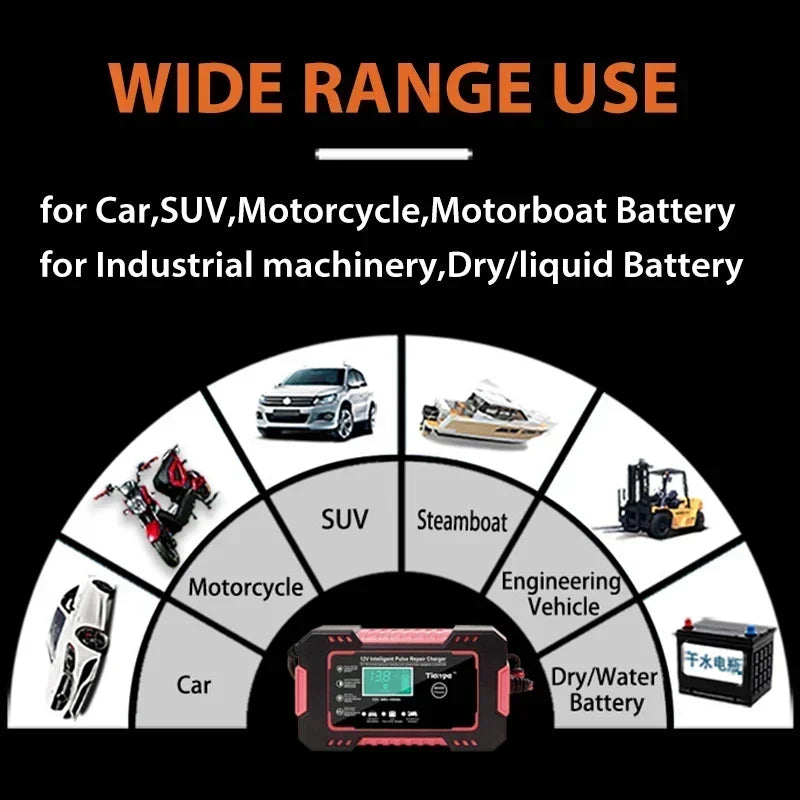 EAFC Full Automatic Car Battery Charger 12V Digital Display Battery Charger Power Puls Repair Chargers Wet Dry Lead Acid