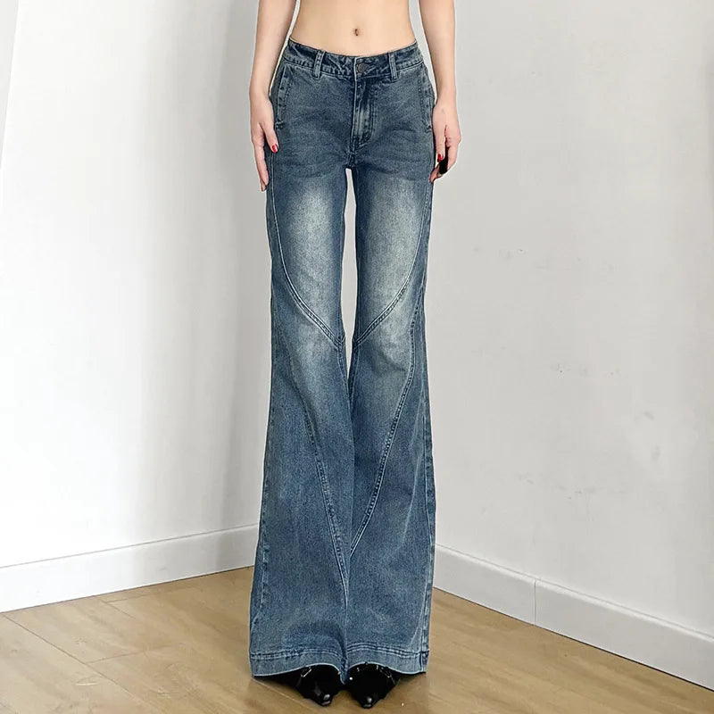 Women's Washed Denim Pants Trend Streetwear Y2K Low-Waist Flare Jeans Woman Casual All-Match Slimming Wide Leg Trousers