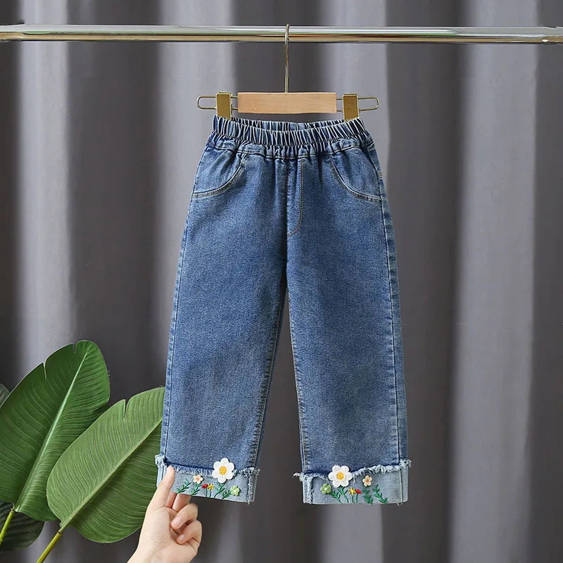 New Spring Kids Jeans Girls Boys Cute Embroidery Cherry Flower Denim Blue Pants Children Outwear Trousers 4-6Y Unisex