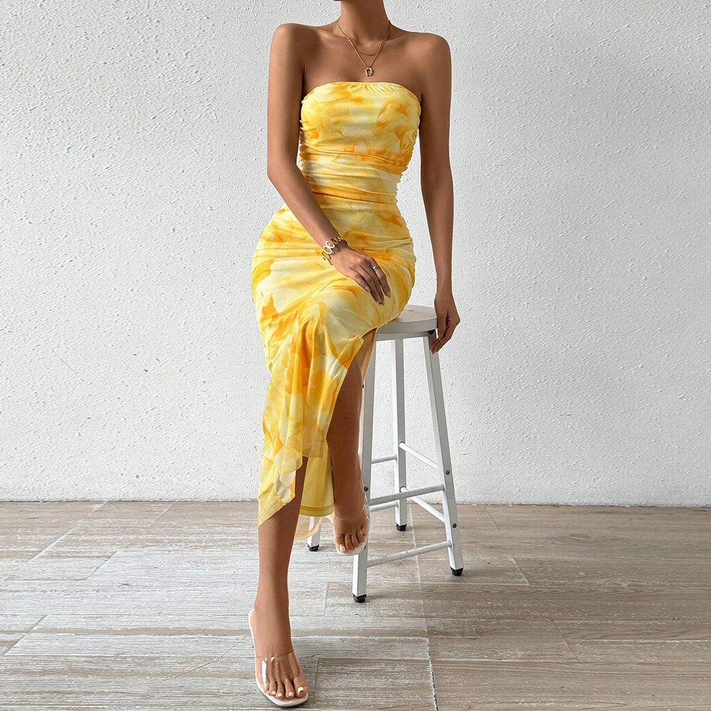 Dresses Summer Vacation Decent Graphic Print Strapless Sleeveless Off Shoulder Maxi Side Slit Dresses For Women