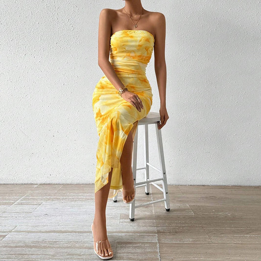Dresses Summer Vacation Decent Graphic Print Strapless Sleeveless Off Shoulder Maxi Side Slit Dresses For Women