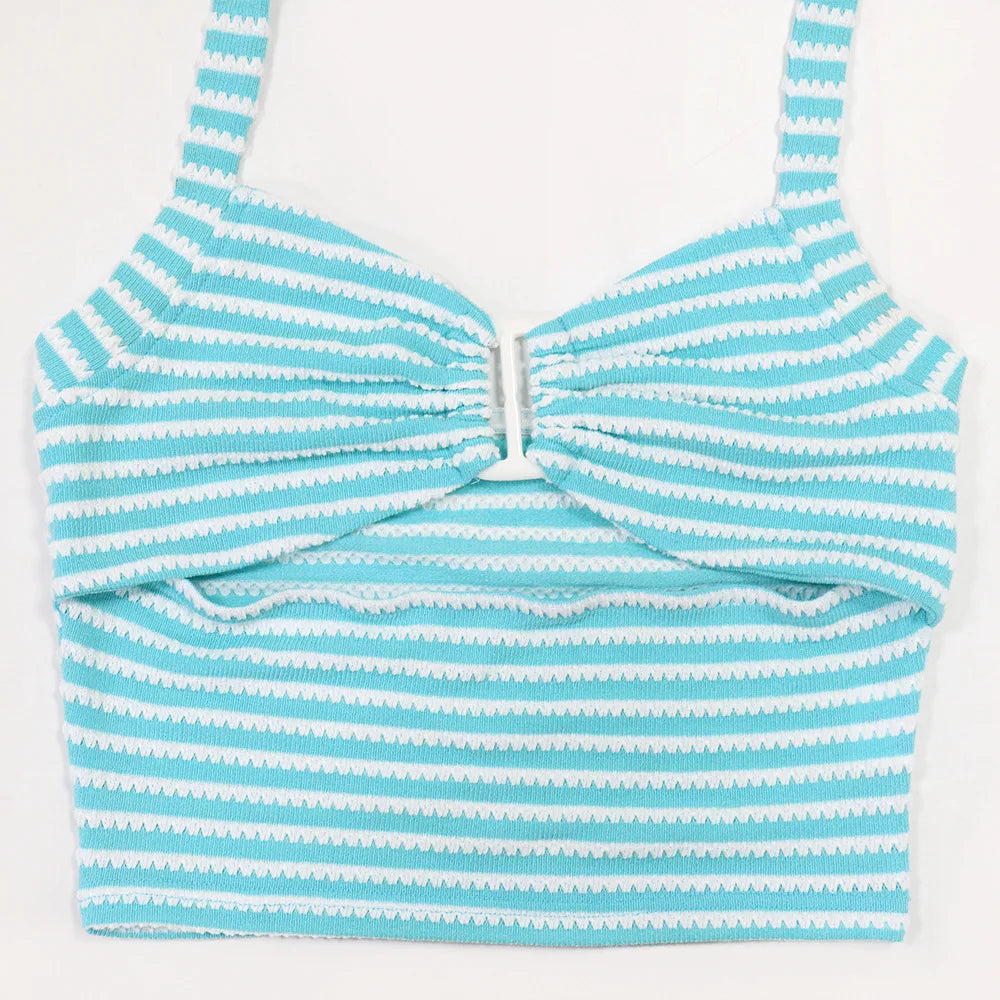 Women's Sexy Halter Backless Striped Sleeveless Top and High Waist Pencil Pants 2pcs Set
