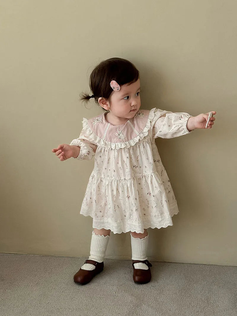 New Autumn Girls Flower Dress Cartoon Bunny Lace Kids Princess Dress Loose Korean Version Children Clothes 9M-5T Girls