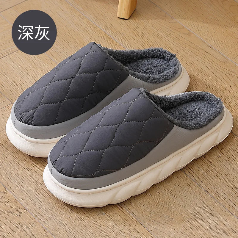 Unisex Plush Winter Slippers Outdoor and Indoor Warm Waterproof Cotton Shoes With Anti-Skid Thick Sole Home Slides For Men & Women