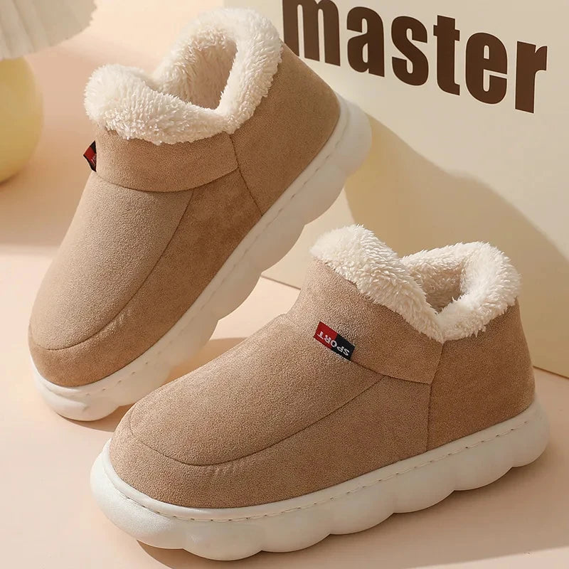 Men's Warm Plush House Slippers Indoor Anti-slip Winter Fluffy Slides With Waterproof Short Plush Male Cotton Shoes