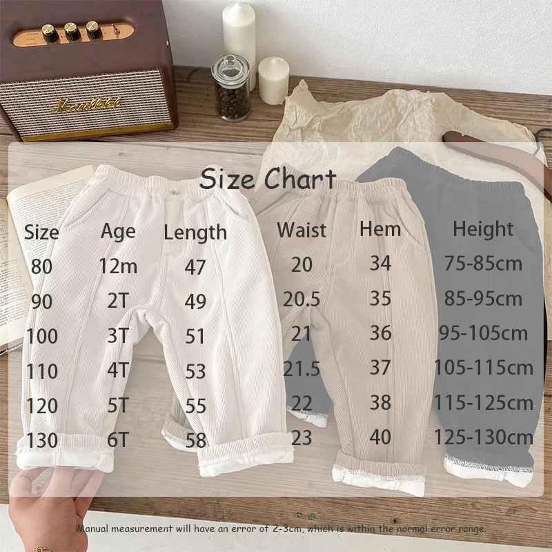 Winter Warm Kids Pants Fleece Lining Corduroy Fleece Boys Girls Trousers Outerwear Clothing 1-6Y Unisex