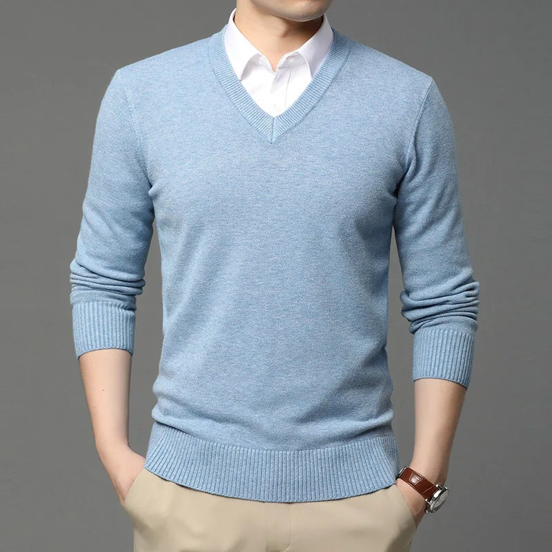 Men's High Quality Fashion Brand, Woollen Knit Pullover V-Neck Sweater, Autumn and Winter Casual Male Jumper