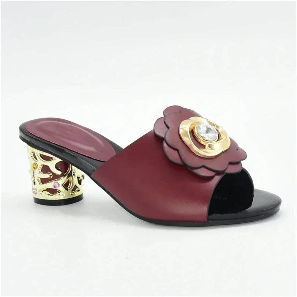 Women's Italian High Heel Slippers Shoes with Metal Trim and Rhinestones for Ladies Suitable for Autumn Wedding