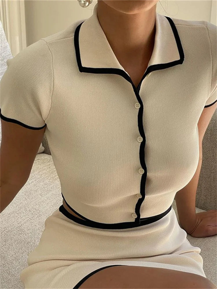 Geribbelde 2-delige set voor dames, polokraag, cardigan, crop tops + stretchrokken, bijpassende casual, eenvoudige, trendy, elegante outfits