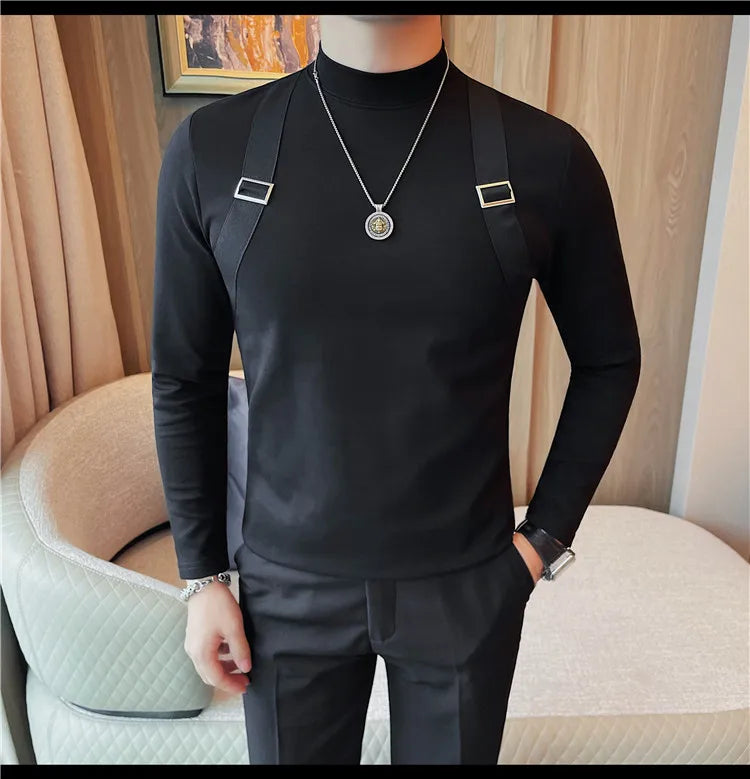Men's Strap Long-Sleeved T-shirt For Autumn and Winter, Slim Fit Half Turtleneck Bottoming Shirt, Fashion City Knitwear