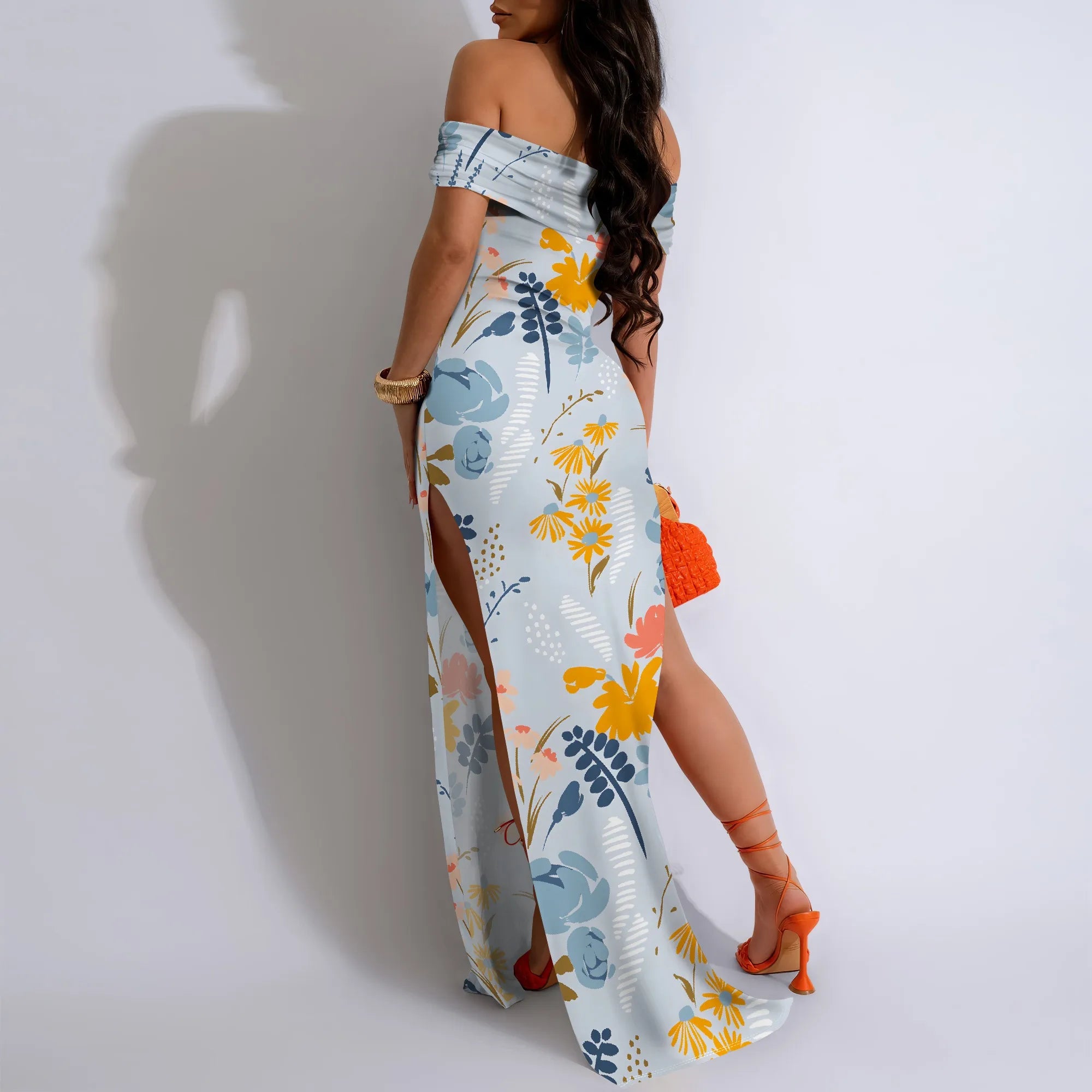 Lily Floral Off-Shoulder High Slit Maxi Dress - Women's Fresh Elegant Party Evening Resortwear Date Night