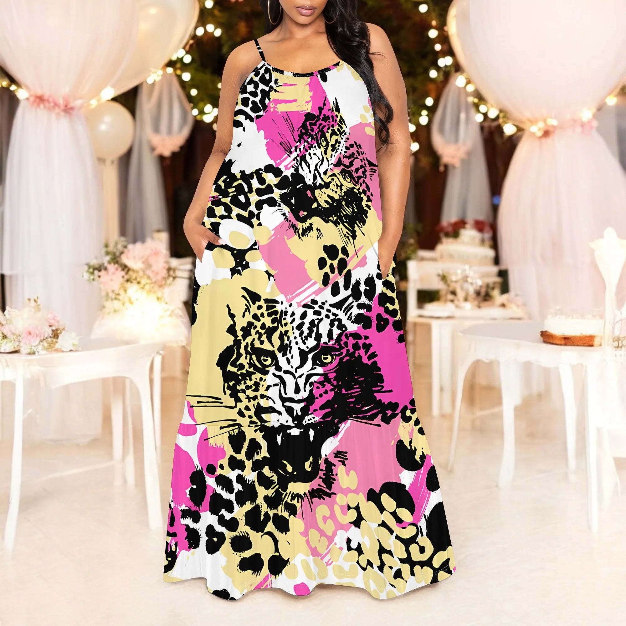 Leopard Print Sleeveless Maxi Dress Women Bold Animal Pattern Spaghetti Strap Casual Summer Dress