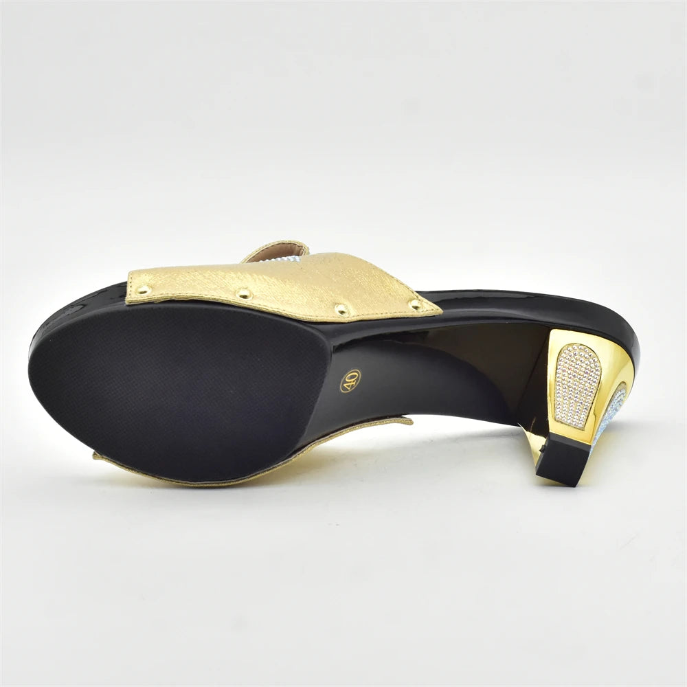 Gold Color Women Slippers Shoes African Women Wedding Shoes Elegant Italian Woman Shoes with Stone High Heels Woman Summer Pumps