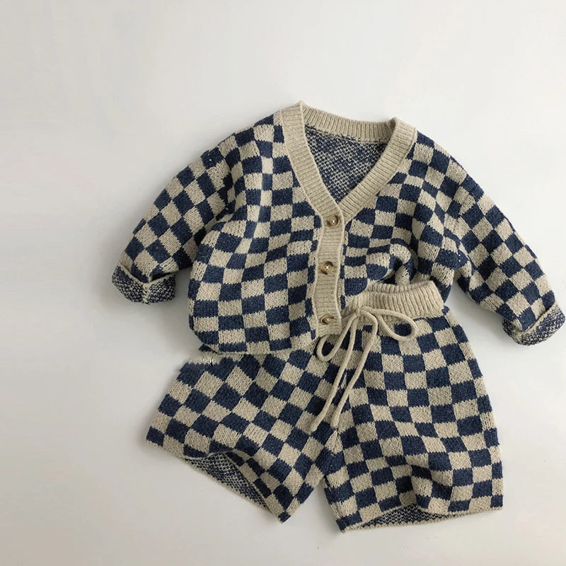 Kids Clothes Set Plaid Sweaters And Shorts 2PCS Set Boys Knit Suit Girls Sweater Suit For Children 1-6Y Unisex
