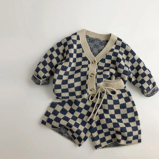 Kids Clothes Set Plaid Sweaters And Shorts 2PCS Set Boys Knit Suit Girls Sweater Suit For Children 1-6Y Unisex