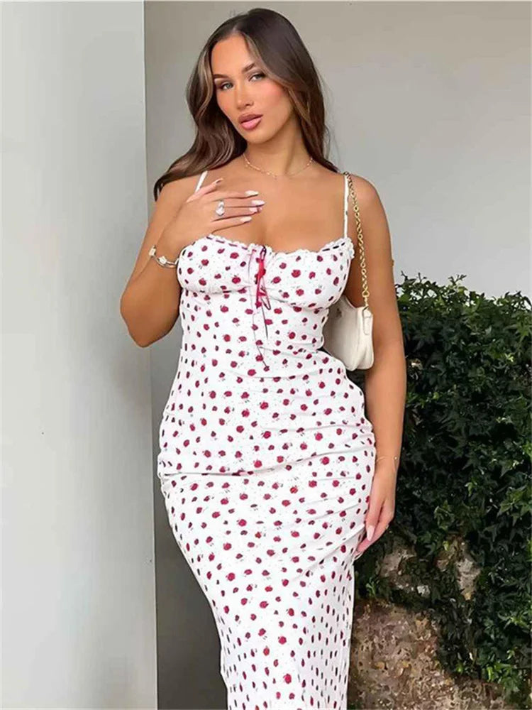 Rose Print Dress Women Square Collar Sleeveless Irregular Sweet Girl Street Fashion Birthday Party Trend Long Bodycon