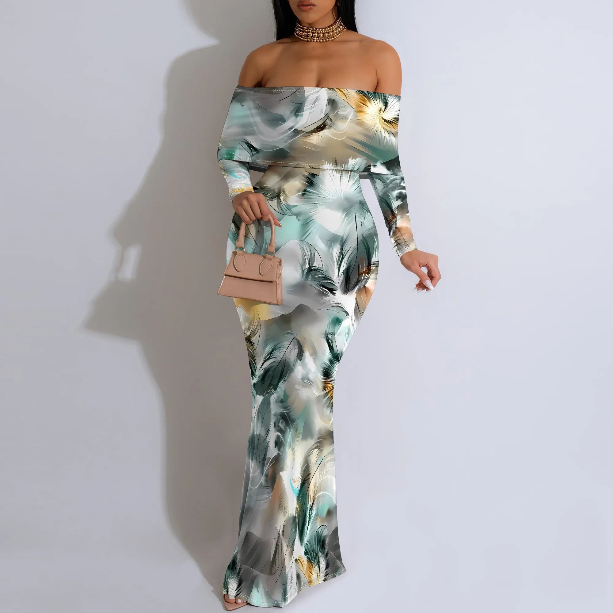 Plus Size Black White Floral Off-Shoulder Long Sleeve Maxi Dress - Women's Dramatic Elegant Party Evening Resortwear