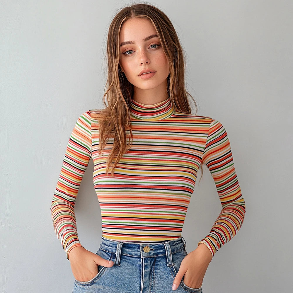 Women's T-Shirts Autumn Fitting Slim Stripe Long Sleeve High-Neck Regular Casual T-Shirts