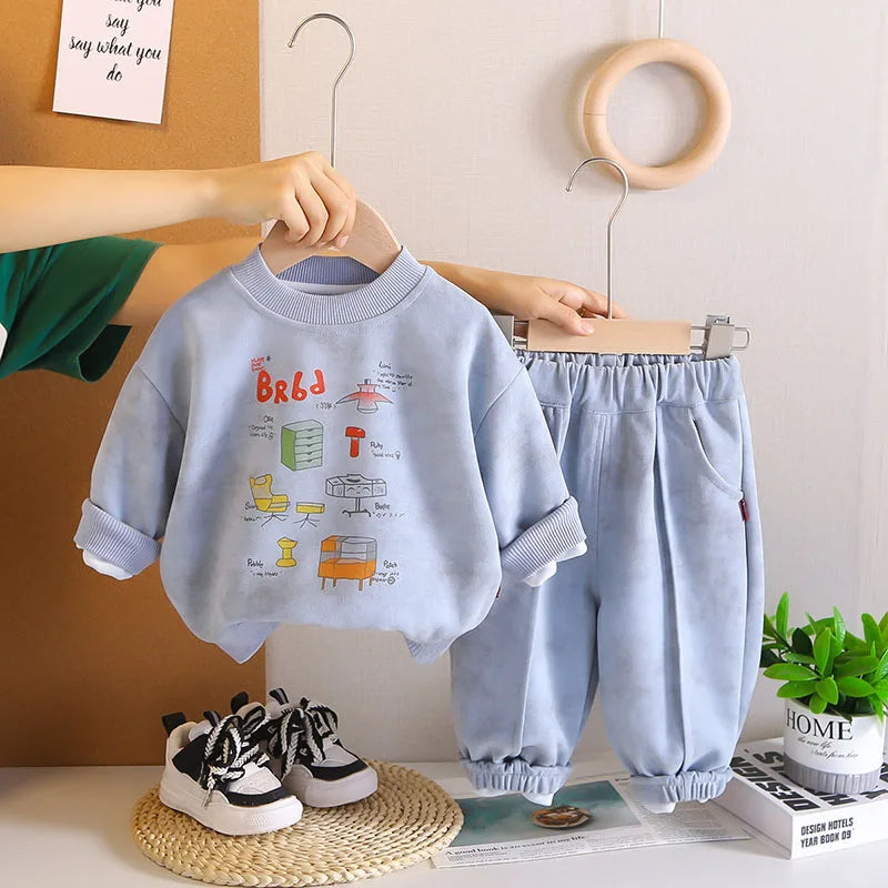 New Autumn Children Sweatshirt Set Sweet Cartoon Boys Hoodie + Sweatpants Kids 2PCS Printing Casual Suit 1-5T Unisex