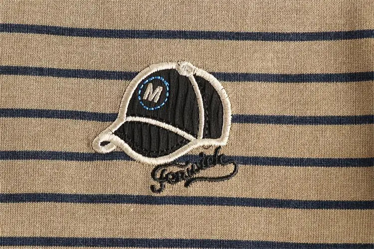 2025 Zomer Nieuwe Amerikaanse Retro 230g Korte Mouw O-hals Pet Borduurwerk Gestreept T-shirt Heren Eenvoudig Gewassen Oude Casual Losse Tops