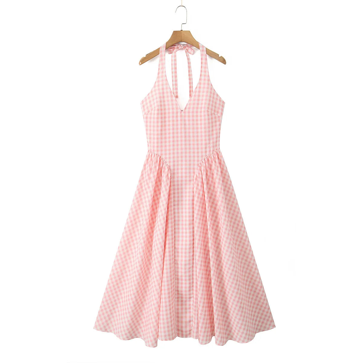Summer Women Sexy Backless Pink Plaid Halter Dress Low Waist Elegant Party Dresses Holiday Robe