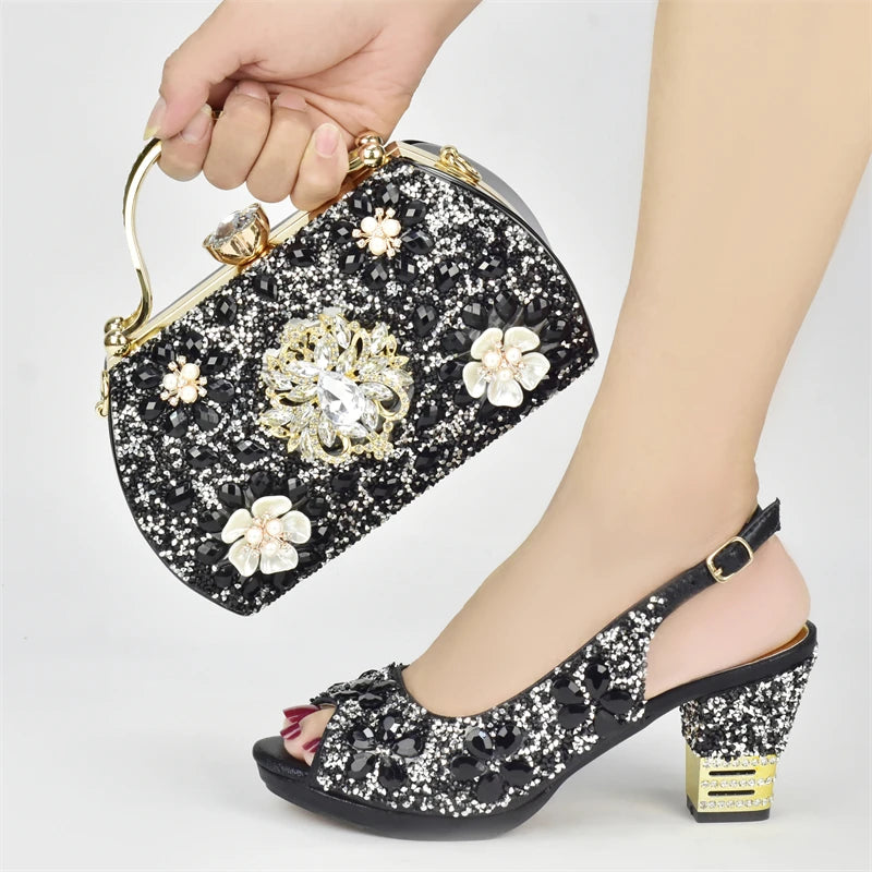 Italian Women Wedding Shoes and Bag Set Decorated with Rhinestone Africa Shoe and Bag Set Plus Size Heels 43 Wedding Shoes Bride