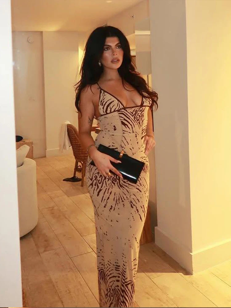 Tie-dye Print Dress Women Sexy Low-Neck Skinny Sleeveless Backless Skinny Vacation Beach Club Party Classic Vestidos