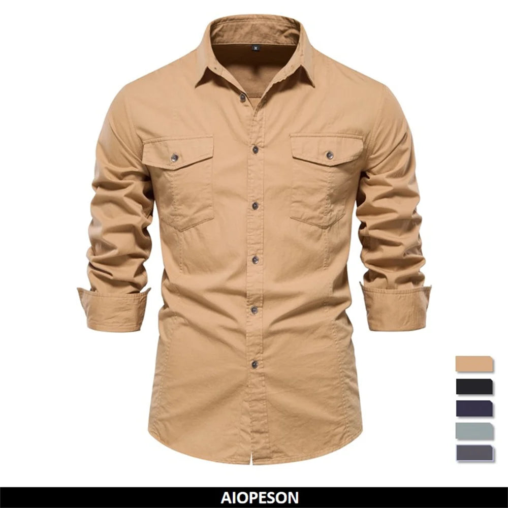 Men's Autumn Military Style 100% Cotton Pocket Shirt Solid Colour Slim Casual Long Sleeve Male Shirt For Men