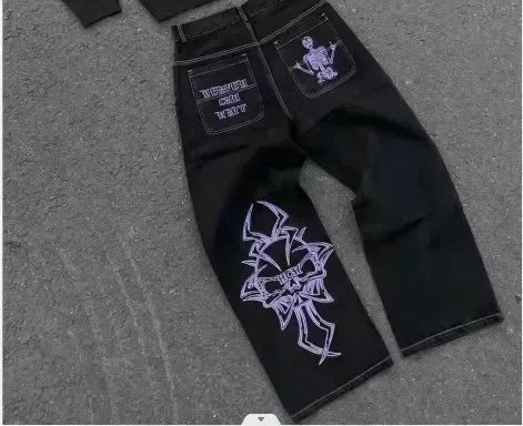 Women's Gothic Jeans Y2K Clothes Harajuku Hip Hop Pocket Embroidery Vintage Dark Blue Baggy Jeans High Waist Slim Flared Trousers