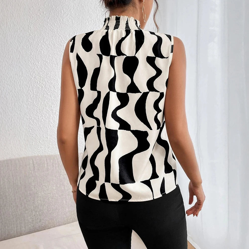 Blouses Spring Summer Casual Hot Sweet Irregular Grain Contrast Colour Sleeveless High Neck Daily Blouses for Women