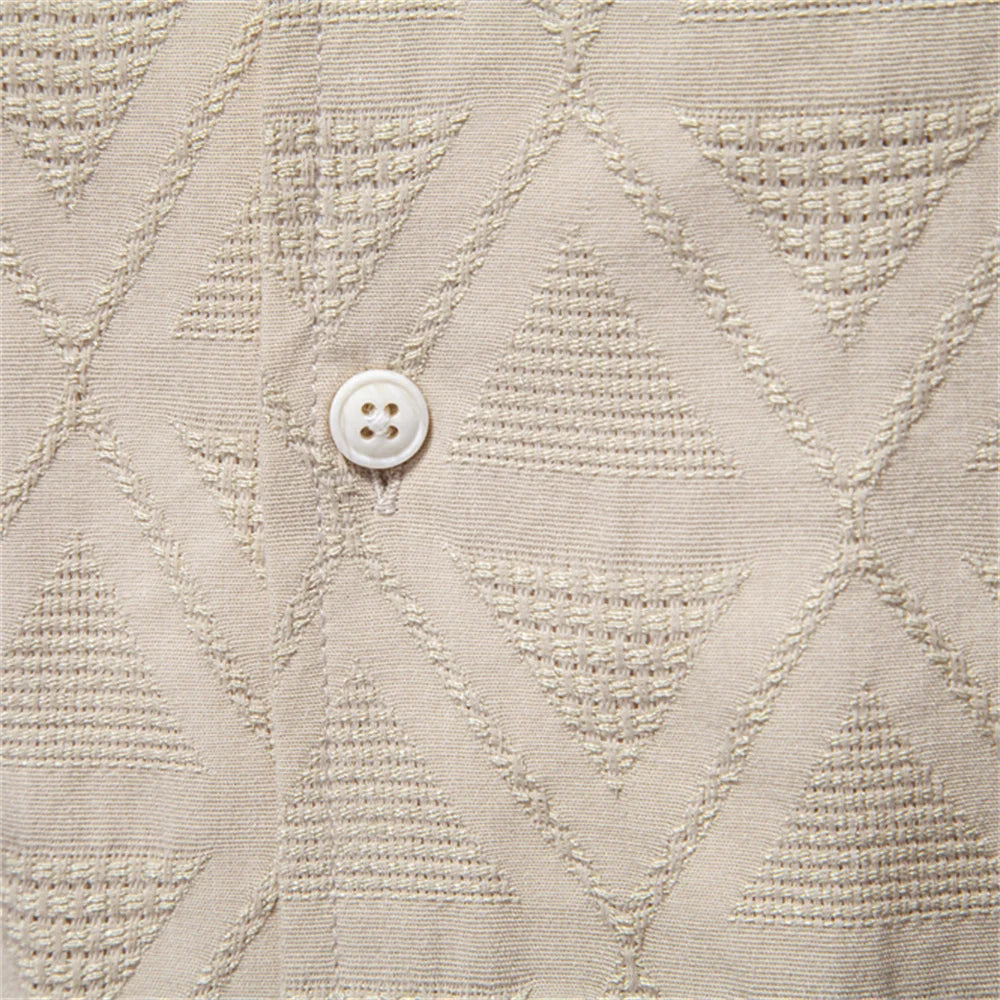 100% katoenen jacquard herenoverhemden met korte mouwen - effen kleur, omgeslagen kraag, casual zomeroverhemden voor heren