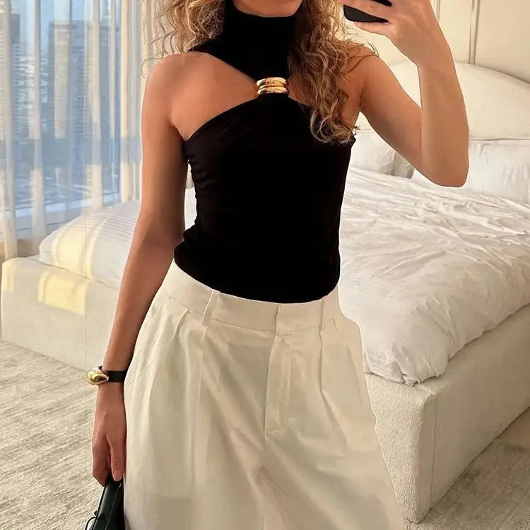 Metal Patchwork Women Fashion Tank Tops Summer Trend Ruched Turtleneck Beach Party Solid Simple Casual Elegant Outfits