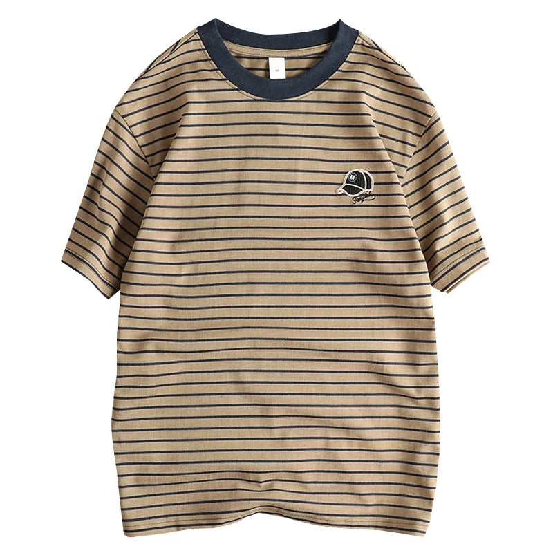 2025 Zomer Nieuwe Amerikaanse Retro 230g Korte Mouw O-hals Pet Borduurwerk Gestreept T-shirt Heren Eenvoudig Gewassen Oude Casual Losse Tops