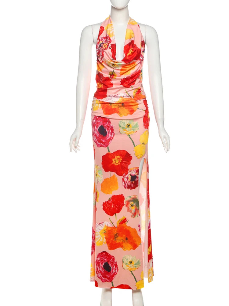 Floral Print 2 Piece Set Women Halter Low-Neck Backless Crop Tops + Skinny Splits Long Skirts Vacation Beach Style Suit