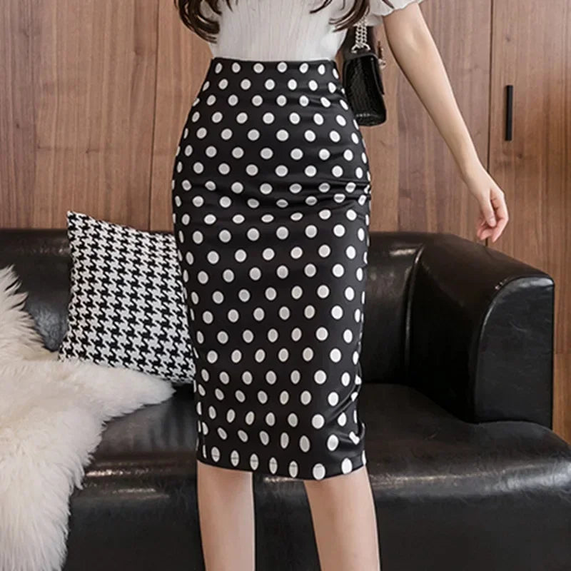 Fashion Polka Dot Printed Skirts Women 2025 White Long Pencil Skirt Korean Clothing Sexy High Waist Office Bodycon Black Skirt